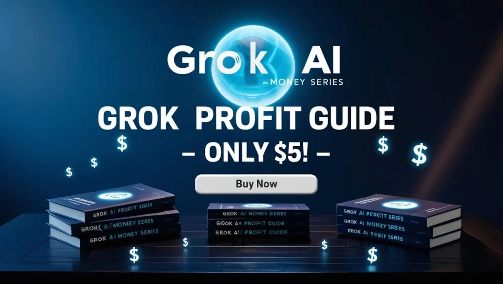 Grok AI Money Series e-books with Grok AI profit guide text, blue gradient background