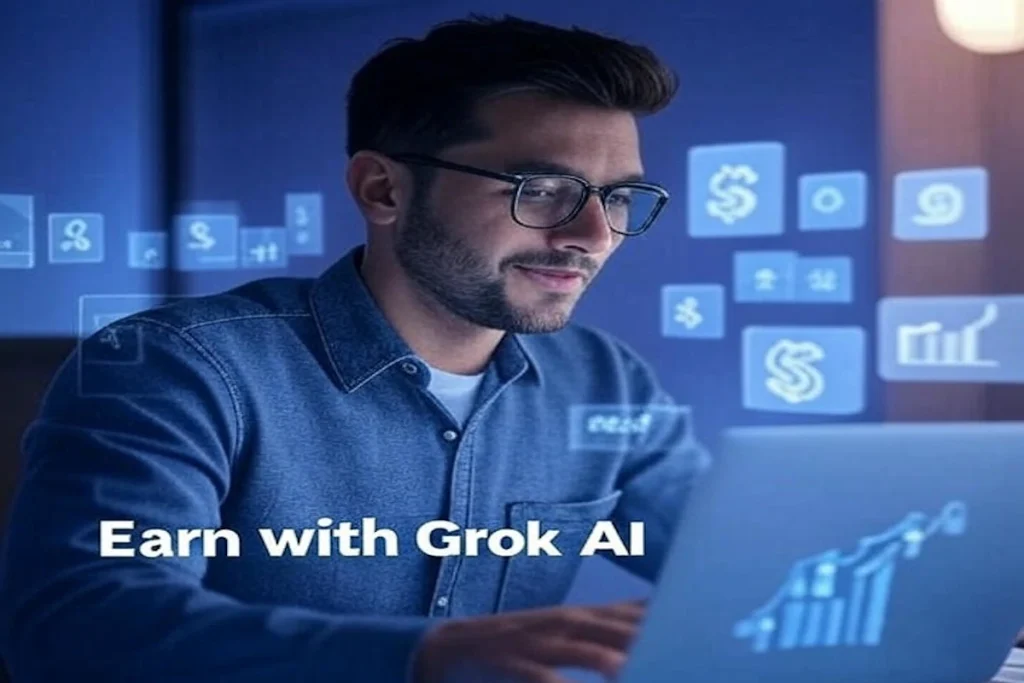 Entrepreneur using Grok AI to earn money in a modern home office with blue gradient background