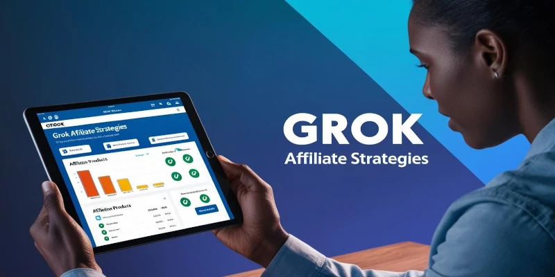 Side hustler reviewing products with Grok affiliate strategies on tablet, blue gradient
