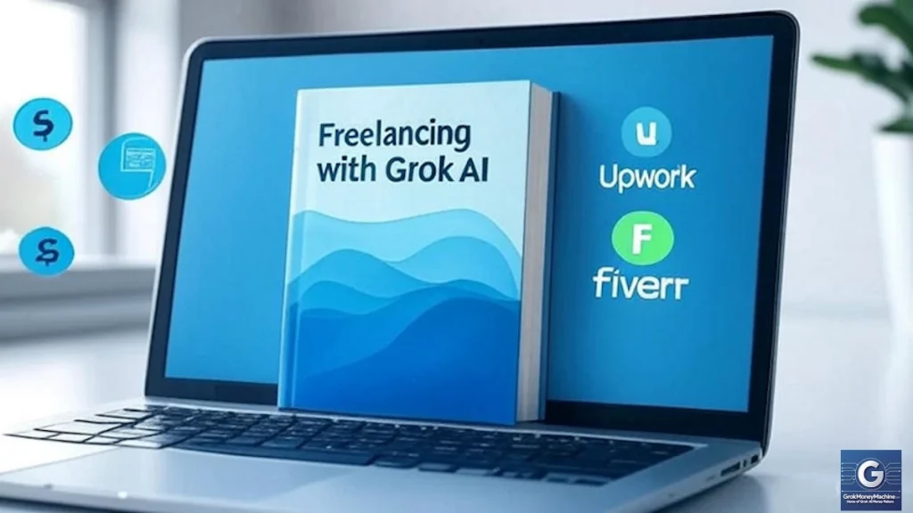 Freelancing with Grok AI book cover on laptop with Upwork and Fiverr icons