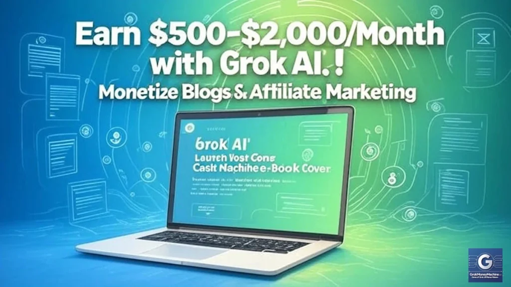 Grok AI content monetization guide featured image with e-book and laptop