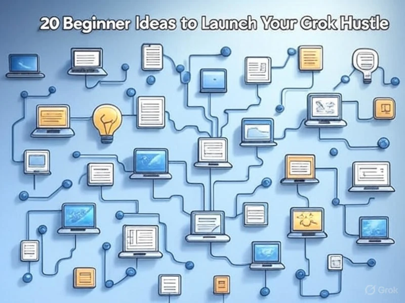 Infographic of 20 beginner ideas connected by AI circuits, showcasing ways to make money with Grok AI prompts.