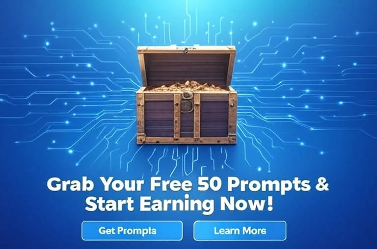 CTA banner with AI circuits and treasure chest, encouraging ways to make money with Grok AI through free prompts.