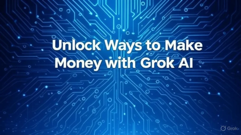 Blue-gradient hero banner showing AI circuits and prompts, illustrating ways to make money with Grok AI for side hustles.